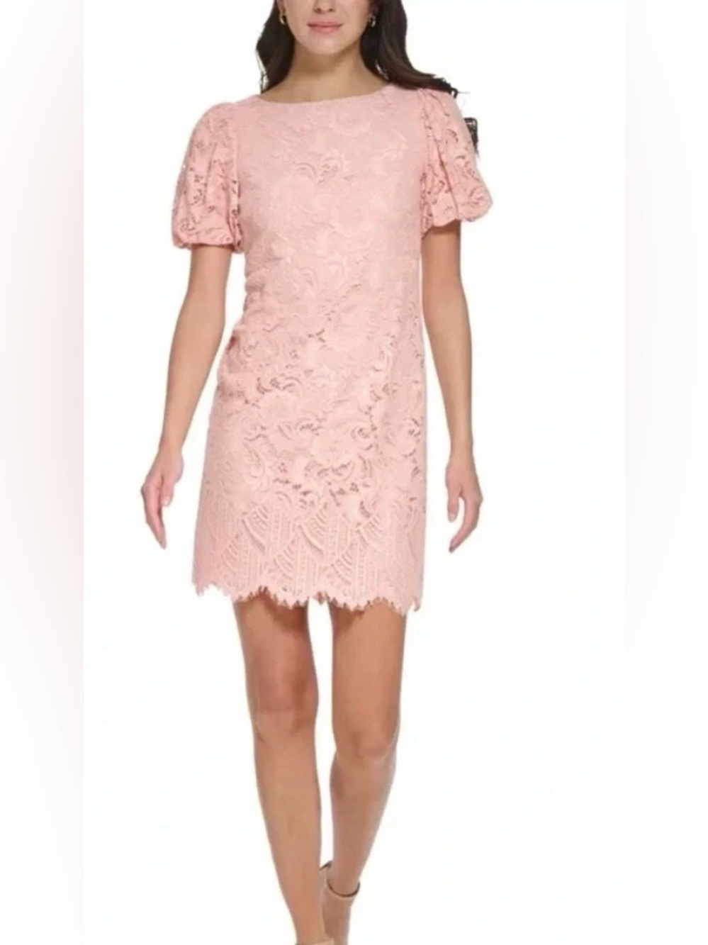 Jessica Howard Peach Lace Midi Dress with Puff Sleeves